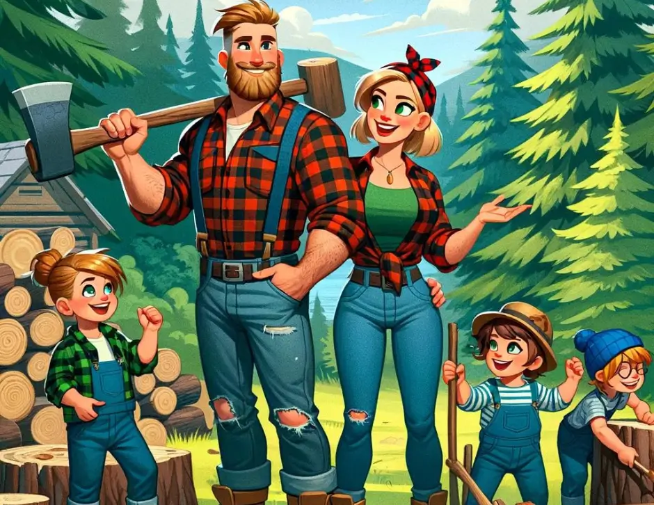 Illustration d'une famille de bûcherons en chemise à carreaux, hache sur l'épaule