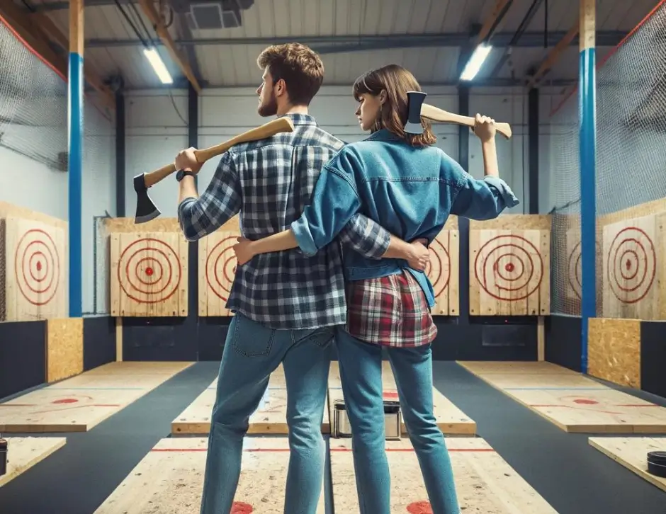 Couple dos à dos, hache sur l'épaule, devant les cibles de lancer